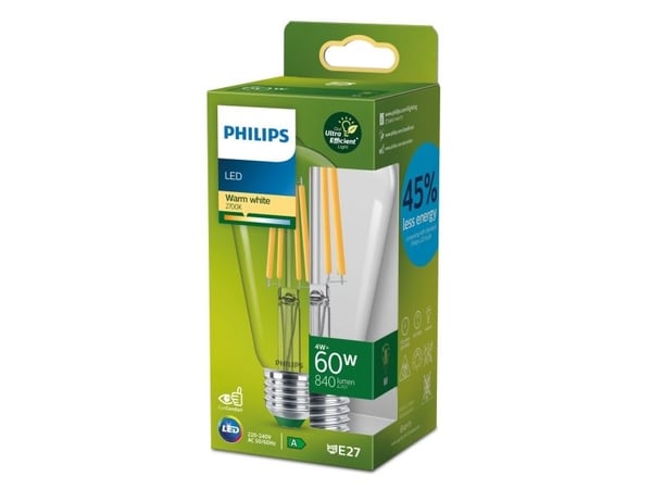 Philips - LED-glödlampa med filament - form: ST64 - klar finish - E27 - 4 W (motsvarande 60 W) - klass A - varmt vitt ljus - 2700 K