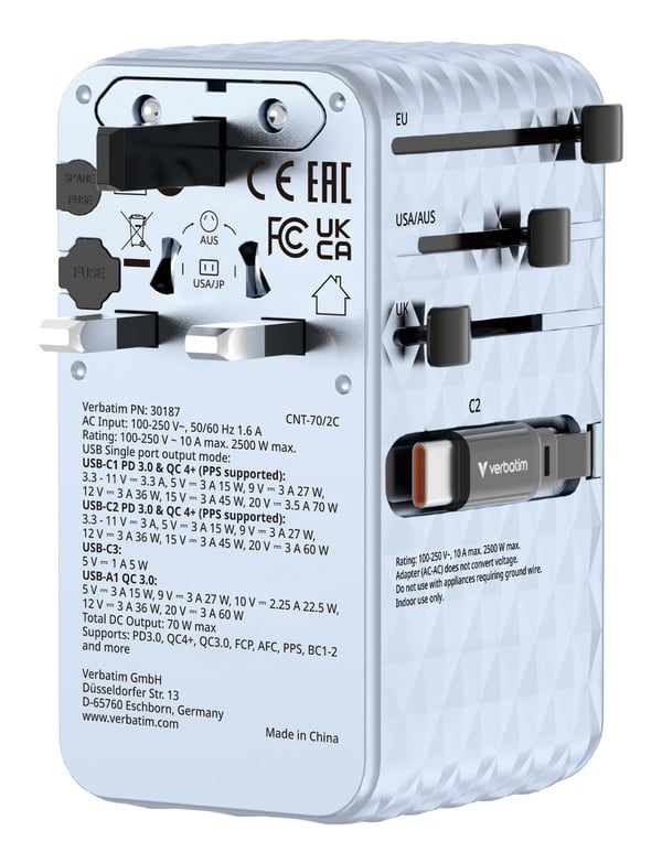 Verbatim EU/UK/USA matkasovitin GaN 1xUSB-C/1xUSB-A/2xUSB-C PD 70W sininen 30187