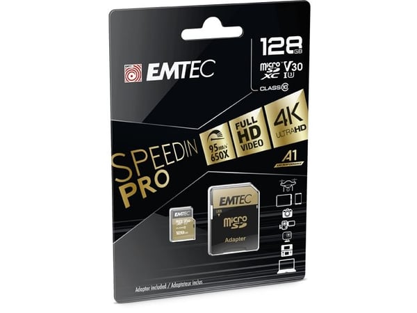 EMTEC SpeedIN' PRO - Flashminnekort (microSDHC til SD-adapter inkludert) - 128 GB - Video Class V30 / UHS-I U3 / Class10 - microSDXC UHS-I