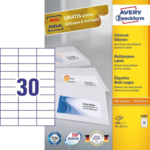 Avery - Hvit - 70 x 29.7 mm 3000 etikett(er) (100 ark x 30) flerbruks merkelapper