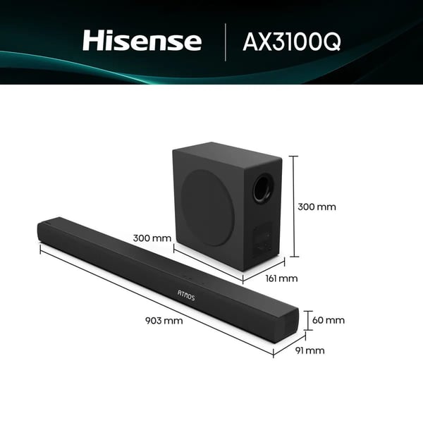 Hisense AX3100Q lydplanke 3.1 kanaler 500 W trådløs subwoofer, svart