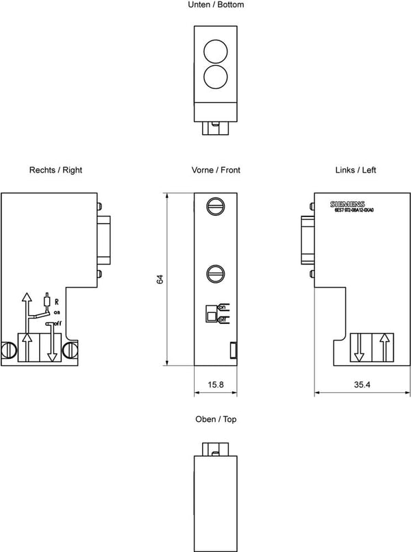 Siemens 6ES7972-0BA12-0XA0, IP20, -40 - 70 ° C, 64 mm, 68 mm, 78 mm, 32 mm