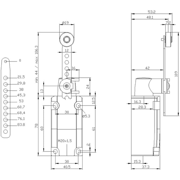 Siemens 3SE51120CH62 3SE5112-0CH62 Stopkontakt 6 A Svingstang, Stang i rustfrit stål, Plastrulle IP66, IP67 1 stk 1 stk