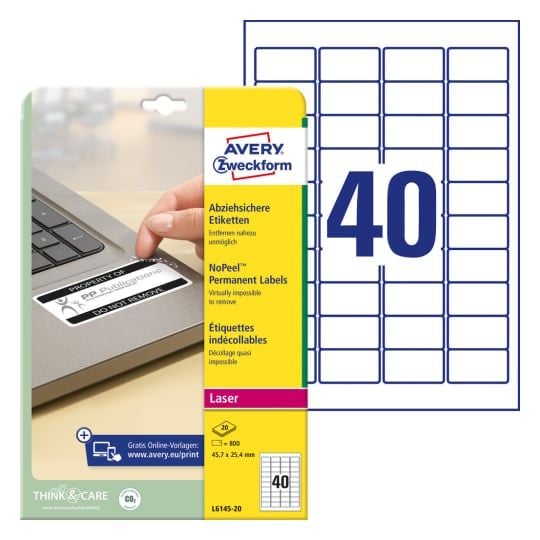 Avery NoPeel Labels L6145 - Polymer - vit - 25.4 x 45.7 mm 800 etikett (er) (20 ark x 40) etiketter