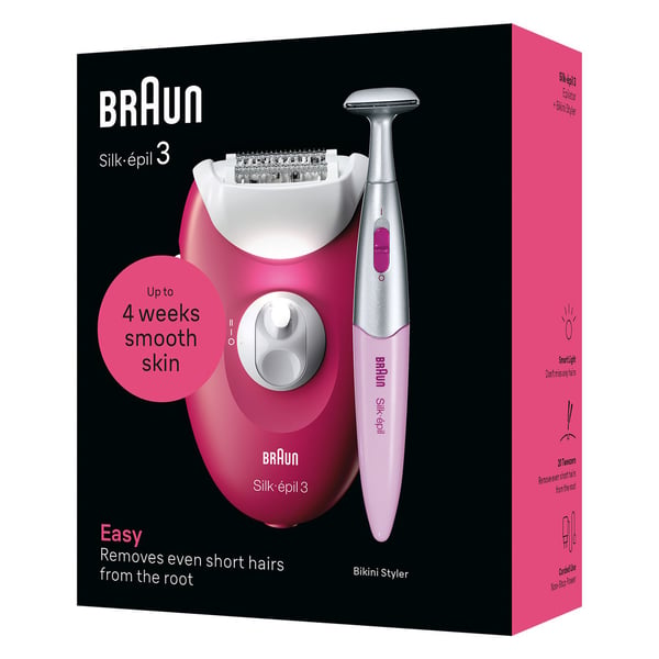 Braun Silk-épil 3-202 -epilaattori, 20 pinsettia, johdollinen, vadelmanvärinen