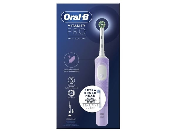 Oral-B Vitality Pro, Aikuinen, Pyörivä/värähtelevä hammasharja, Päivittäinen käyttö, Super sensitive, Herkkä, Violetti, 2 min, Akku