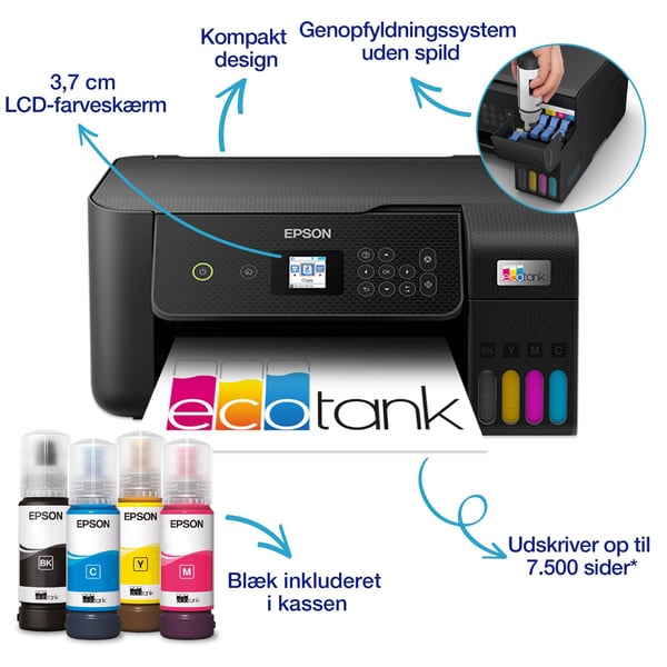Epson EcoTank ET-2825 - Multifunksjonsskriver - farge - ink-jet - påfyllbar - A4 (medie) - opp til 10 spm (trykking) - 100 ark - Wi-Fi, USB - svart