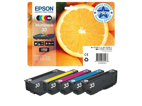 Epson Oranges 33 Appelsiinit Claria Premium, moniväripakkaus, 5 väriä, Perusvärintuotto, Musta, Valokuva musta, Syaani, Magenta, Keltainen, Väriain...