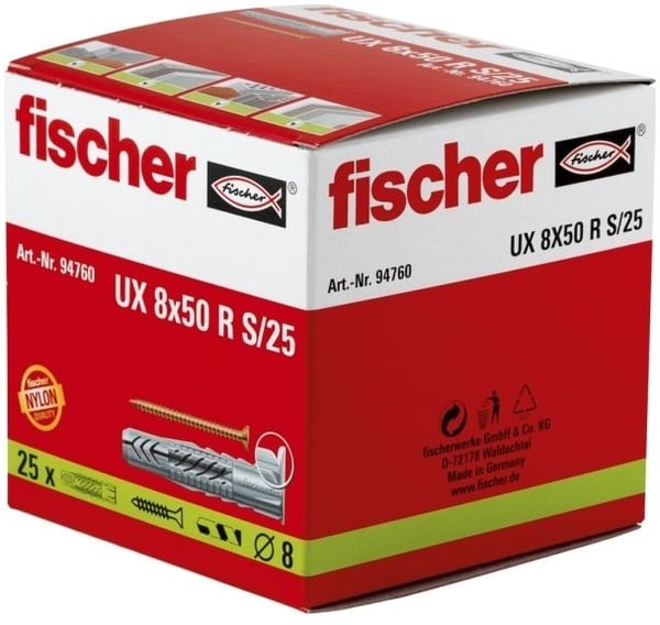 Fischer UX 8 x 50 R S/25, Muuriankkuri, Betoni, Metalli, Muovi, Harmaa, Ruostumaton teräs, 50 mm