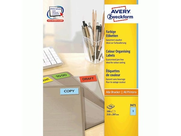 Avery - Blå - A4 (210 x 297 mm) 100 stk (100 ark x 1) merkelapper