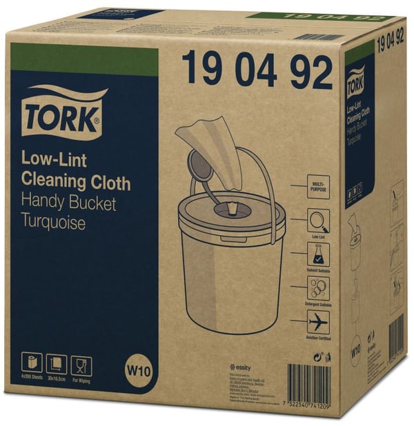 Aftørringsklud Tork Sensitiv W10 Cleaning turkis i spand med 200 ark - (4 spande pr. karton)