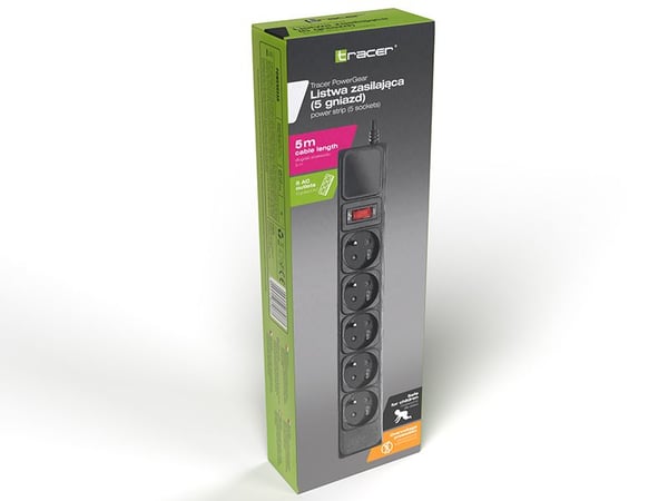 Tracer Surge protector PowerGear 5 m Black (5 outlets), 5 m, Sisätila, Tyyppi E, Tyyppi E, Suora, IP20