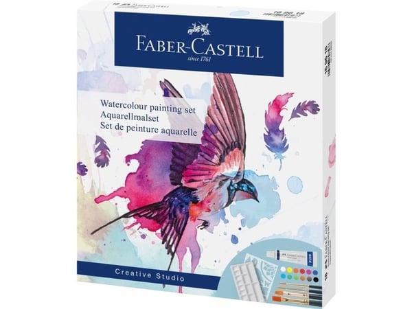 FABER-CASTELL vesiväri askarteluvärisetti valikoituja värejä 12 tuubia 5,0 ml tuubia, 4 synteettistä sivellintä, 1 sablooni ja 1 sekoituspaletti ml...