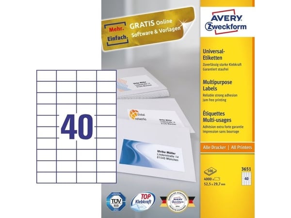 Etiket Avery 3651 hvid universal med Ultragrip 52,5 x 29,7mm m/4000 stk. (100 ark)