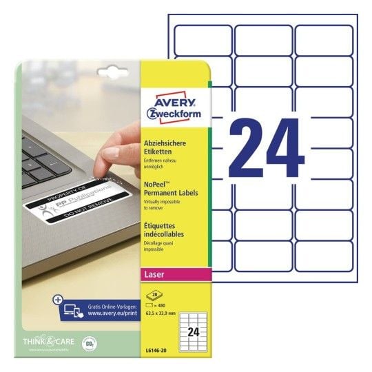 Etiketter Avery 63,5x33,9 mm hvid med NoPeel™ - (20 ark x 24 stk.)