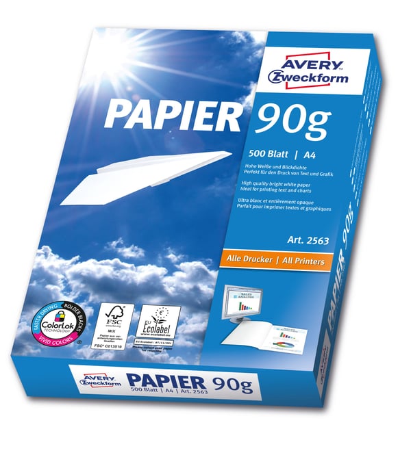 Avery Format Papier A4 90 g/m² 500 Sheets, Laser-/Mustesuihkutulostus, A4 (210x297 mm), Matta, 90 g/m², Valkoinen, FSC Mix Credit