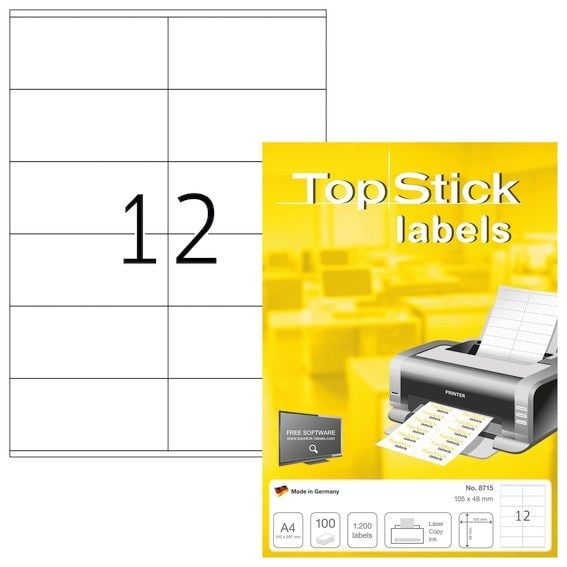 Etiketter TopStick 105x48 mm hvid - (100 ark x 12 stk.) Etiketter TopStick 105x48 mm hvid - (100 ark x 12 stk.)