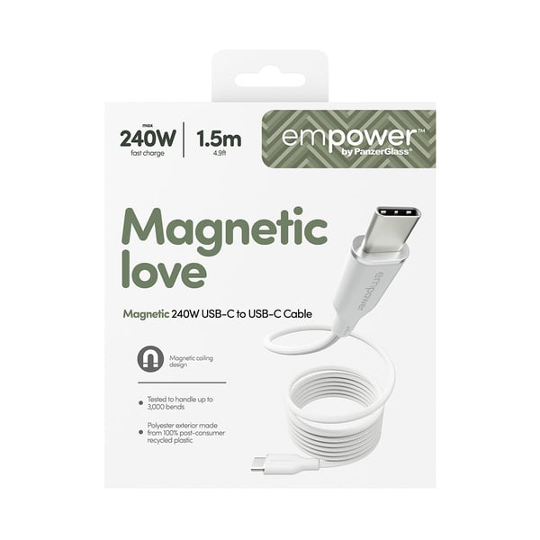 empower by PanzerGlass Magnetic 240 W USB-C–USB-C-kaapeli | USB 2.0 | 1,5 m | hopeanvalkoinen