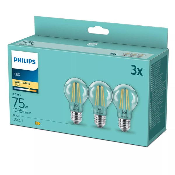 Philips - LED-filamentlyspære - form: A60 - klar finish - E27 - 8.5 W (ekvivalent 75 W) - klasse E - varmt hvitt lys - 2700 K (en pakke 3)