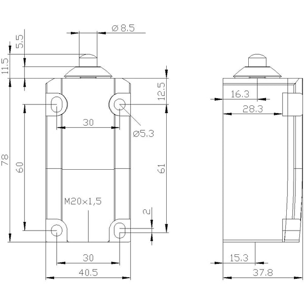 Siemens 3SE51320LB01 3SE5132-0LB01 Asentokytkin 6 A, kupumäinen iskuri, ruostumattomasta teräksestä valmistettu iskuri IP66, IP67 1 kpl, muovi, IP6...