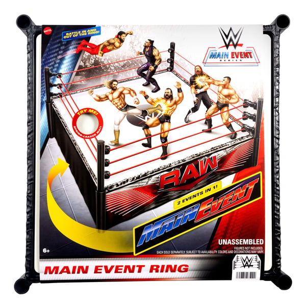 Mattel WWE Superstar Ring -kehä, jossa Main Event- ja RAW-tarrat, jousitettu kehän alusta ja joustavat köydet, 6 vuosi/vuosia, Monivärinen, Muovi