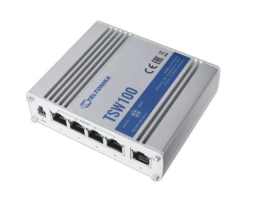 Teltonika TSW100 - Switch - ikke-styrt - 5 x 10/100/1000 (1 PoE) - stasjonær - PoE (120 W) - DC-strøm