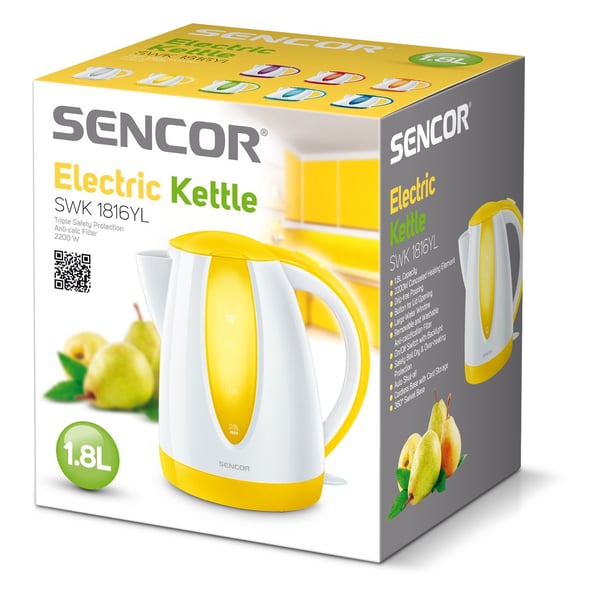 Sencor SWK 1816YL, 1,8 L, 2000 W, Valkoinen, Keltainen, Muovi, Veden tason ilmaisin, Ylikuumenemissuoja