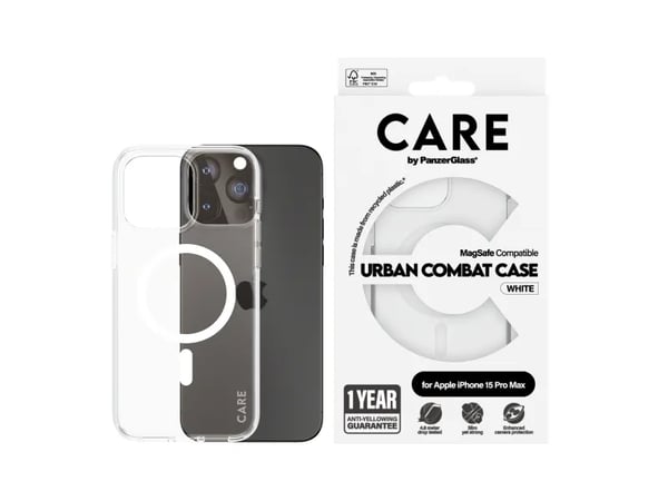 PanzerGlass CARE™ by ® Urban Combat Case Transparent w. White MagSafe iPhone 15 Pro Max, Suojus, Apple, Apple - iPhone 15 Pro Max, 17 cm (6.7"), Lä...