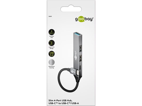 Goobay 74459, USB 3.2 Gen 1 (3.1 Gen 1) Type-C, USB 2.0 Type-A, USB 3.2 Gen 1 (3.1 Gen 1) Type-A, USB Type-C, 5000 Mbit/s, Lysegrå, Aluminium, 0,1 m