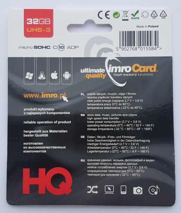 IMRO MICROSD10/32G UHS-3 ADP, 32 GB, MicroSDHC, Klasse 10, UHS-III, Class 3 (U3), Sort