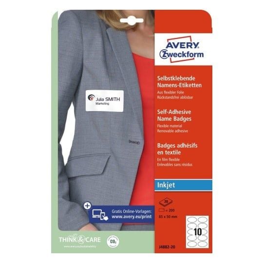 Navneskilte Avery 85x50 mm, ovale, hvid, klæber på tøj, til inkjet-printere - (20 ark x 10 stk.)