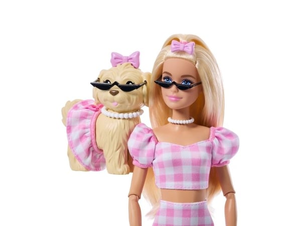 Barbie Twinning Looks JFP36 muotinukke koiran kanssa, vaaleat rusetit
