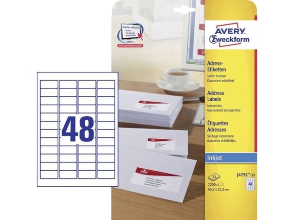 Avery Zweckform J4791 - Hvit - 21.2 x 45.7 mm 1200 etikett(er) (25 ark x 48) returadresseetiketter
