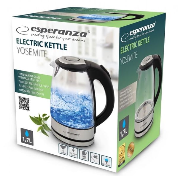 Esperanza EKK012, 1,7 L, 2200 W, Musta, Harmaa, Läpinäkyvä, Muovi, Lasi