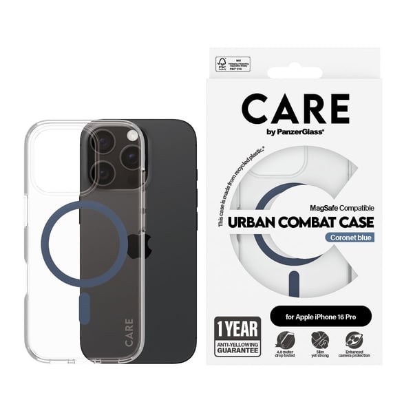 CARE by PanzerGlass Flagship Case Transparent Urban Combat w. Blue MagSafe iPhone 17 | 16 Pro