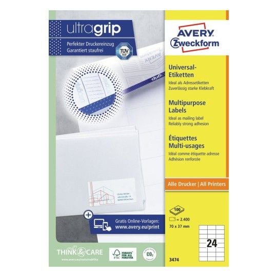 Avery - Hvit - 70 x 37 mm 2400 etikett(er) (100 ark x 24) flerbruks merkelapper
