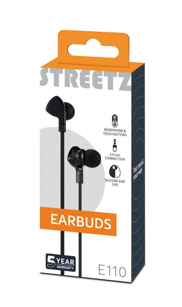 Streetz In-ear hörlurar med mikrofon, media/svarsknapp, 3. 5 mm, trasselfri, svart, Kabel, Samtal/musik, 20 - 20000 hz, 10 g, Headset, Svart