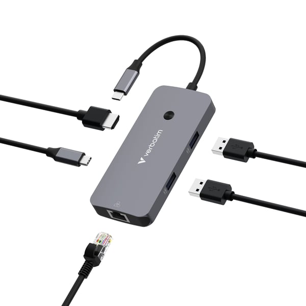 Verbatim CMH-05, USB Type-C, HDMI, RJ-45, USB 3.2 Gen 1 (3.1 Gen 1) Type-C, USB Type-C, 5000 Mbit/s, 60 Hz, hopea, akryylinitriilibutadieenistyreen...