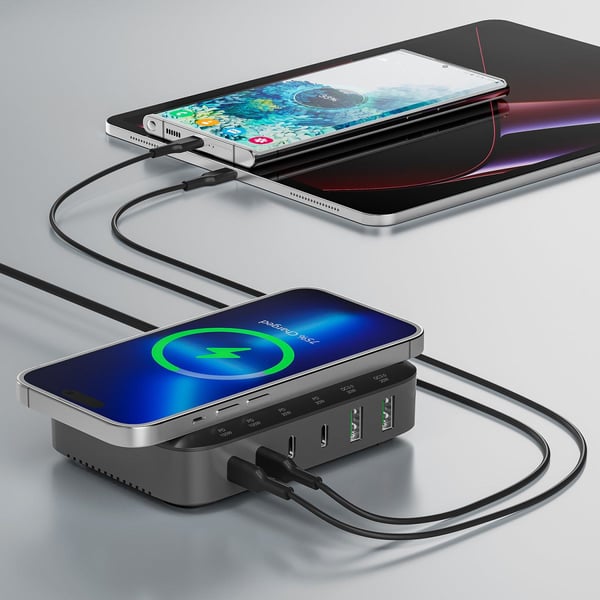 4smarts - Ladestasjon - 7 i 1 - 100 watt - 5 A - PD/PPS, PD 3.0, QC 3.0, HiSilicon Fast Charging, AFC - 6 utgangskontakter (USB-C, USB) - gråsvart
