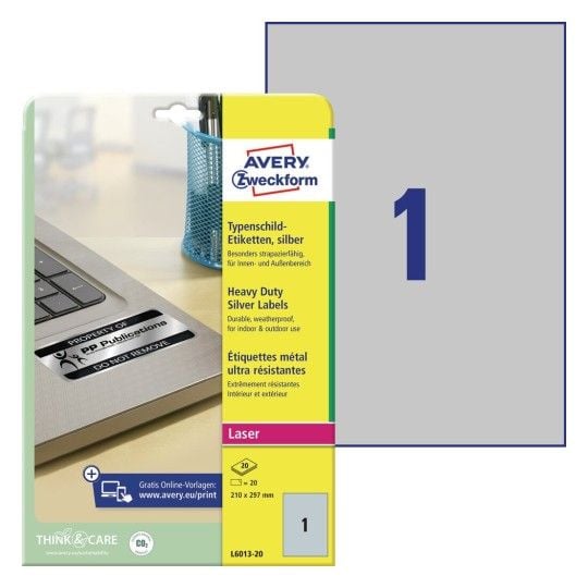 Avery Heavy Duty Laser Labels - Polyester - sølv - A4 (210 x 297 mm) 20 stk (20 ark x 1) merkelapper