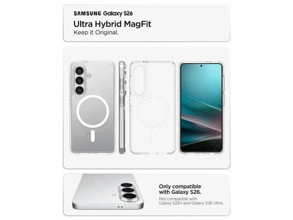 Spigen Ultra Hybrid Mag MagSafe-suojakuori Samsung Galaxy S26:lle, kirkas/musta