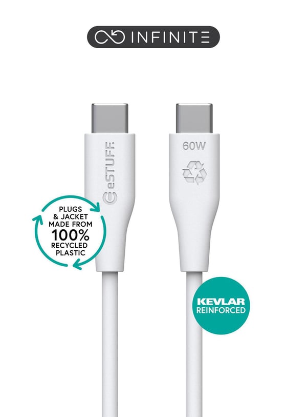 eSTUFF INFINITE - USB-kabel - USB-C (hann) rett til USB-C (hann) rett - USB 2.0 - 1 m - USB Power Delivery (60W), 100 % resirkulert plast - hvit