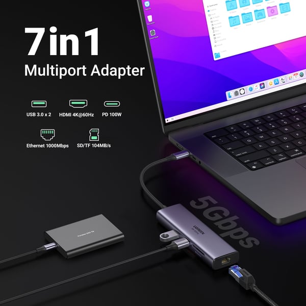 Ugreen 60515 USB-C-hub 2xUSB3.0 + HDMI + RJ45 + SD&amp;TF + PD-portkonverter