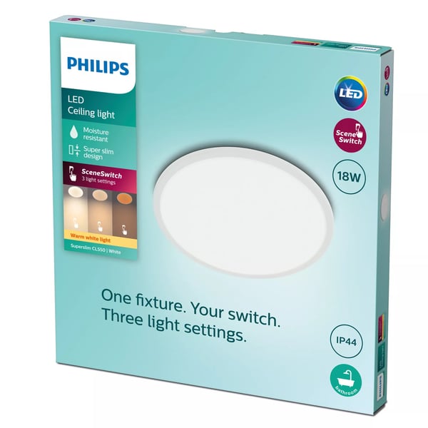 Philips Funksjonell Super Slim-taklampe, 18 W, LED, Ikke-utskiftbare pærer, 1500 lm, IP44, Hvit