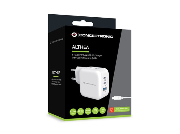 Conceptronic - Strømadapter - 67 watt - 1.5 A - QC 3.0, Power Delivery 3.0 + PPS - 3 utgangskontakter - hvit