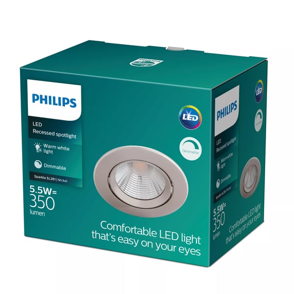 Philips Funktionell Sparkle infälld lampa, Nedtryckbar spotlight, Glödlampan/-lamporna kan inte bytas ut, LED, 2700 K, 350 LM, Nickel