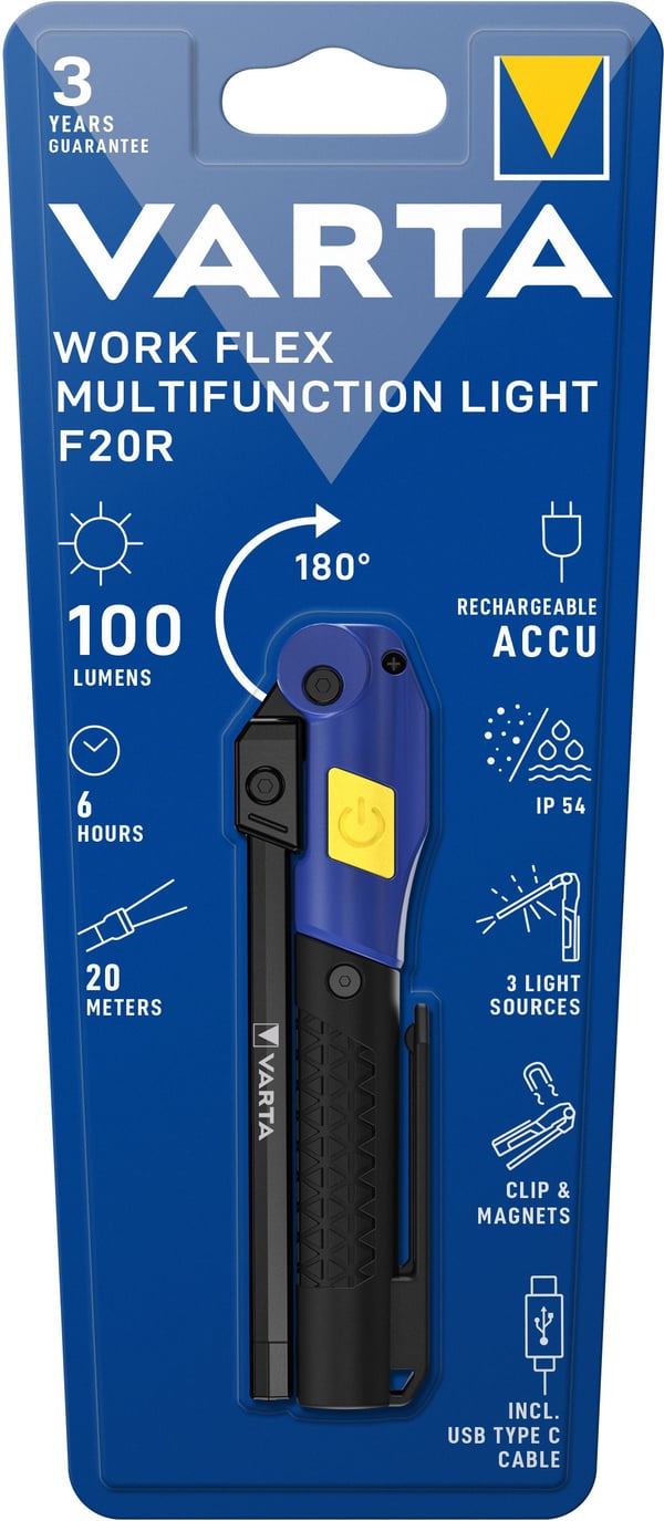 Varta Work Flex, LED, 61 g, IP54, musta, Kädessä kannettava työvalo
