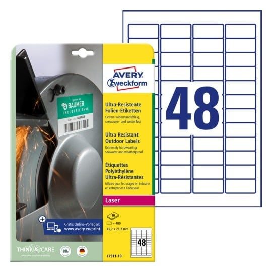 Avery Zweckform Ultra-Resistant Labels - Polyetylen (PE) - matte - permanent klebemiddel - hvit - 45,7 x 21,2 mm 480 etikett(r) (10 ark x 48) etike...