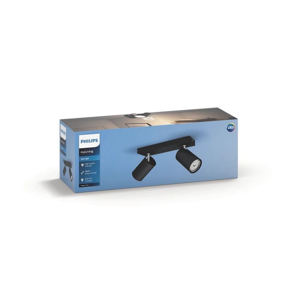 Philips myLiving Kosipo-spotlys til tak/vegg, 2 stk., Overflateegnet, GU10, 2 ampuller, LED, 220-240 V, Svart