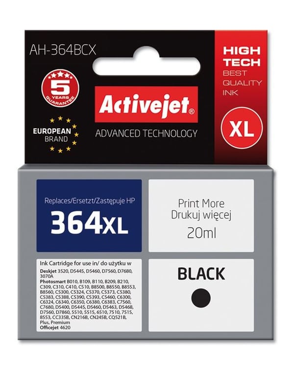 Activejet AH-364BCX, Korkea (XL) värintuotto, musta, Väriainepohjainen muste, 20 ml, 1 kpl, Kertapakkaus